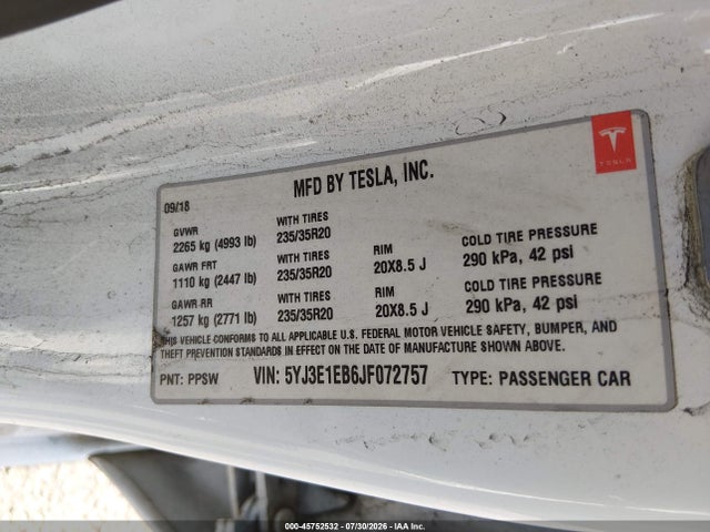 5YJ3E1EB6JF072757 Tesla Model 3 Long Range/performance