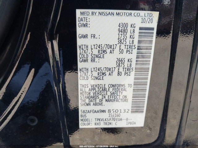 5BZAF0AA9MN850132 Nissan Nv Passenger Nv3500 Hd Sl