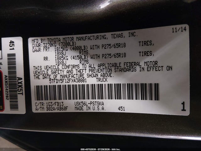 5TFDY5F12FX430801 Toyota Tundra Sr5 5.7l V8