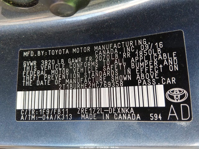 Toyota COROLLA LE 2017 2T1BURHE2HC769358 Image 9