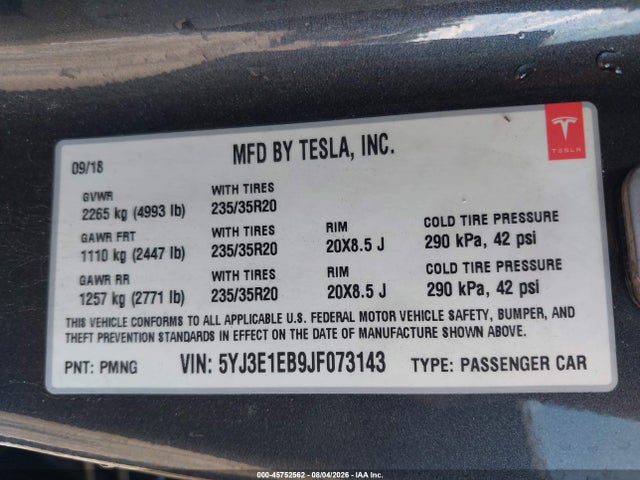 45752562 :رقم المزاد ، 5YJ3E1EB9JF073143 vin ، 2018 Tesla Model 3 Long Range/performance مزاد بيع