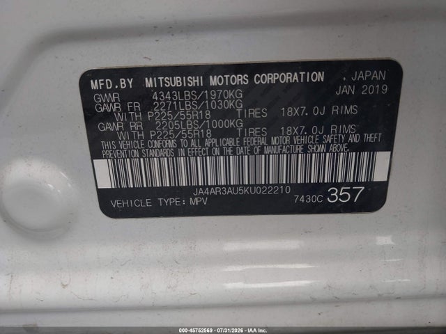 Aukcja sprzedaży 2019 Mitsubishi Outlander Sport 2.0 Le, vin: JA4AR3AU5KU022210, numer aukcji: 45752569