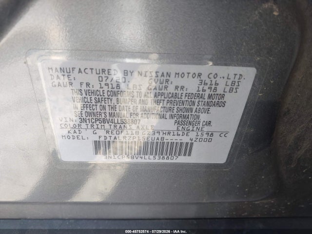 45752574 :رقم المزاد ، 3N1CP5BV4LL538807 vin ، 2020 Nissan Kicks S Xtronic Cvt مزاد بيع