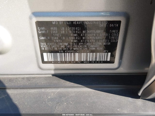 45752584 :رقم المزاد ، 4S4BRDLCXE2312362 vin ، 2014 Subaru Outback 3.6r Limited مزاد بيع