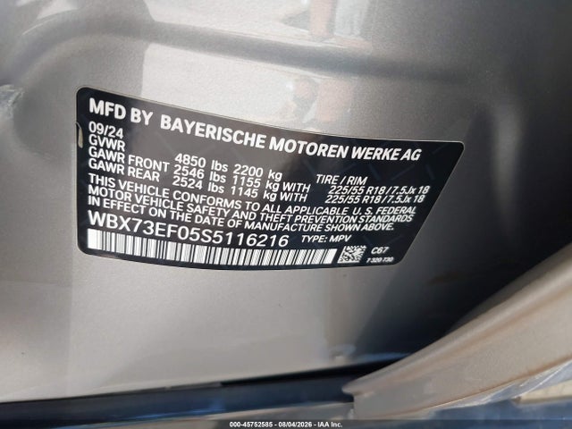 2025 Bmw X1 Xdrive28i მანქანა იყიდება აუქციონზე, vin: WBX73EF05S5116216, აუქციონის ნომერი: 45752585