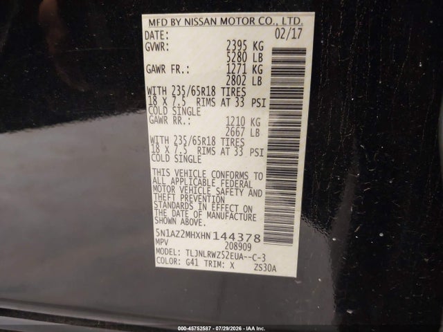 5N1AZ2MHXHN144378 Nissan MURANO SL