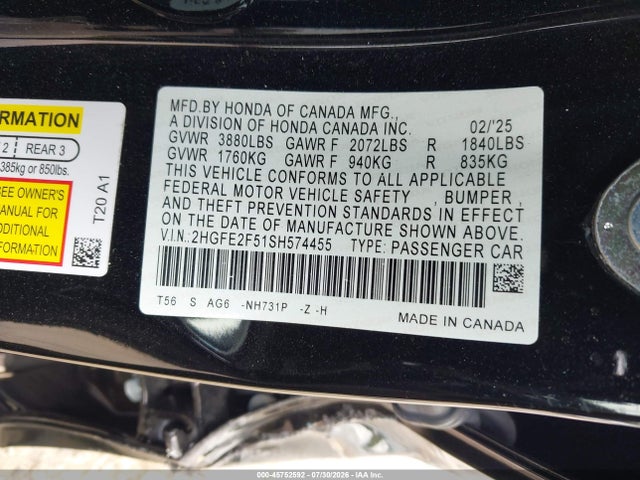 45752592 :رقم المزاد ، 2HGFE2F51SH574455 vin ، 2025 Honda Civic Sport مزاد بيع