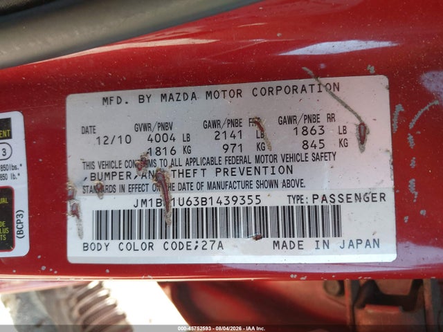 Aukcja sprzedaży 2011 Mazda Mazda3 S Sport, vin: JM1BL1U63B1439355, numer aukcji: 45752593