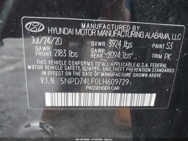 Продажа на аукционе авто 2020 Hyundai Elantra Se, vin: 5NPD74LF0LH609729, номер лота: 45752598