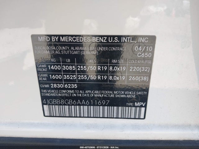 Aukcja sprzedaży 2010 Mercedes-benz Ml 350 4matic, vin: 4JGBB8GB6AA611697, numer aukcji: 45752606