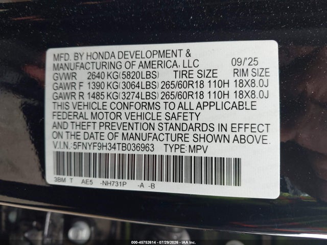 Aukcja sprzedaży 2026 Honda Passport Awd Rtl/awd Rtl Blackout/awd Rtl Towing, vin: 5FNYF9H34TB036963, numer aukcji: 45752614