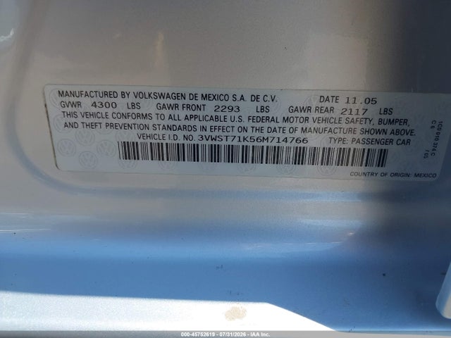 Auction sale of the 2006 Volkswagen Jetta Tdi, vin: 3VWST71K56M714766, lot number: 45752619