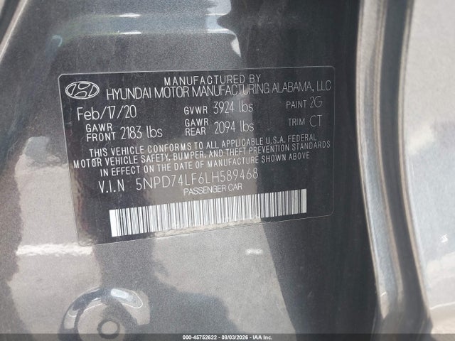 Aukcja sprzedaży 2020 Hyundai Elantra Se, vin: 5NPD74LF6LH589468, numer aukcji: 45752622
