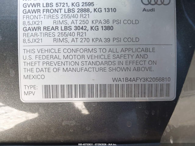 Продажа на аукционе авто 2019 Audi Sq5 3.0t Premium, vin: WA1B4AFY3K2056810, номер лота: 45752631