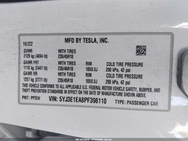 Aukcja sprzedaży 2023 Tesla Model 3 Rear-wheel Drive, vin: 5YJ3E1EA8PF398110, numer aukcji: 45752635