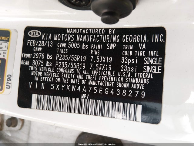 5XYKW4A75EG438279 KIA Sorento Limited V6