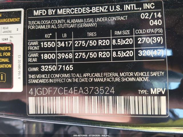 45752655 :رقم المزاد ، 4JGDF7CE4EA373524 vin ، 2014 Mercedes-benz Gl 450 4matic مزاد بيع