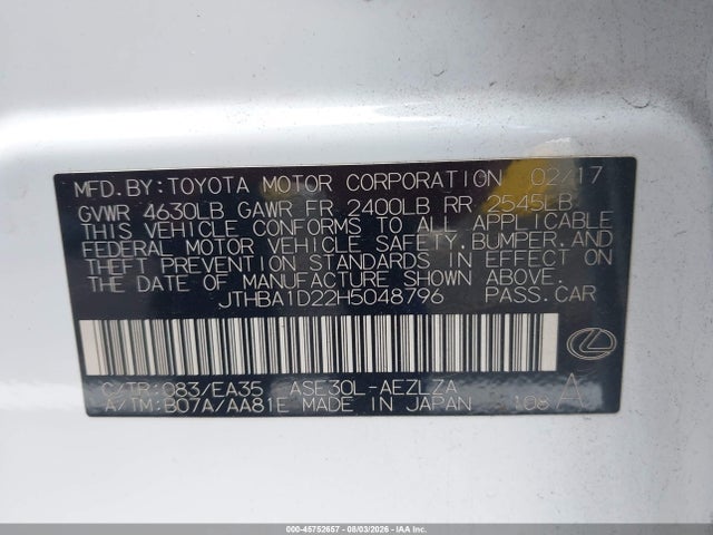 45752657 :رقم المزاد ، JTHBA1D22H5048796 vin ، 2017 Lexus Is 200t مزاد بيع