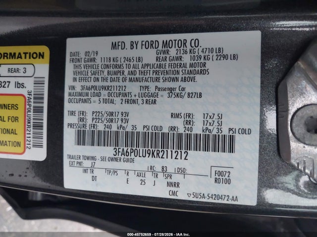 Ford Fusion Hybrid Se 2019 3FA6P0LU9KR211212 Image 9