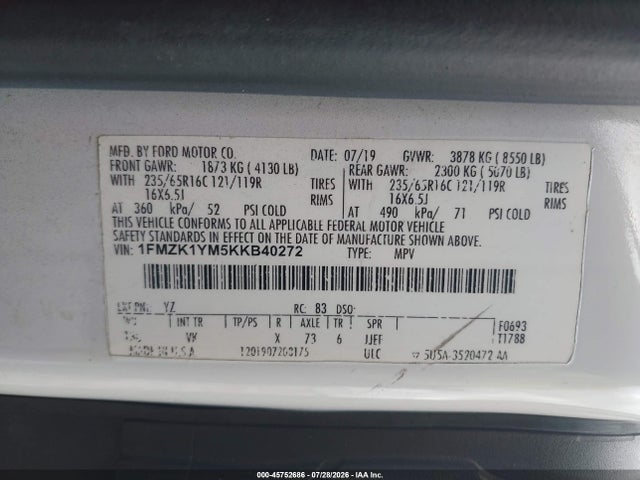 2019 Ford Transit-150 Xl მანქანა იყიდება აუქციონზე, vin: 1FMZK1YM5KKB40272, აუქციონის ნომერი: 45752686