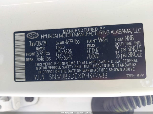 Продажа на аукционе авто 2024 Hyundai Tucson Sel, vin: 5NMJB3DEXRH372383, номер лота: 45752694