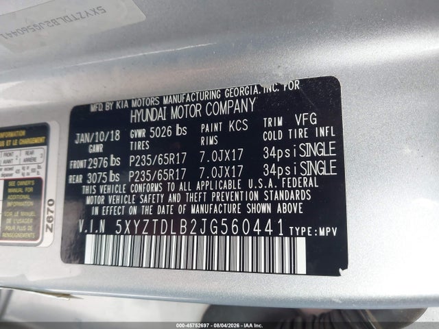 45752697 :رقم المزاد ، 5XYZTDLB2JG560441 vin ، 2018 Hyundai Santa Fe Sport 2.4l مزاد بيع