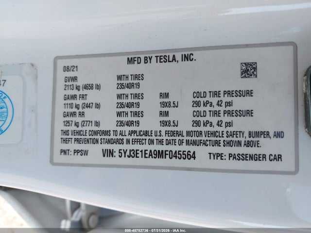 Auction sale of the 2021 Tesla Model 3 Standard Range Plus Rear-wheel Drive, vin: 5YJ3E1EA9MF045564, lot number: 45752736