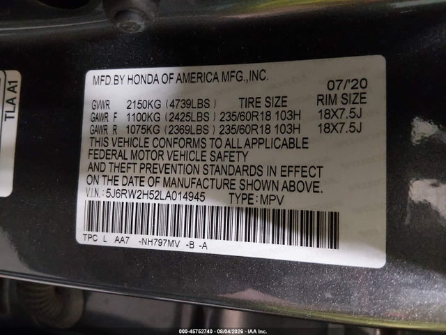 Honda Cr-v Awd Ex 2020 5J6RW2H52LA014945 Image 9