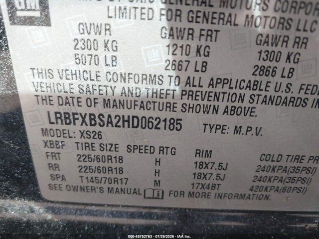 45752763 :رقم المزاد ، LRBFXBSA2HD062185 vin ، 2017 Buick Envision Essence مزاد بيع