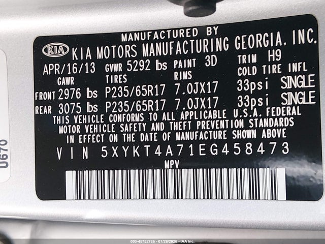 KIA Sorento Lx V6 2014 5XYKT4A71EG458473 Image 9