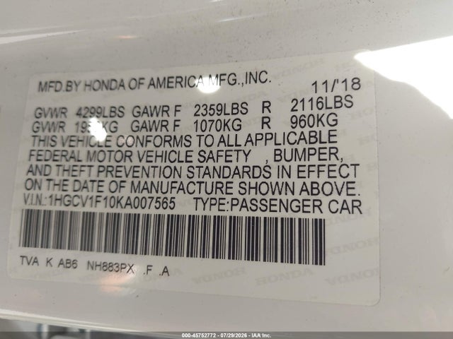 Honda ACCORD LX 2019 1HGCV1F10KA007565 Image 9