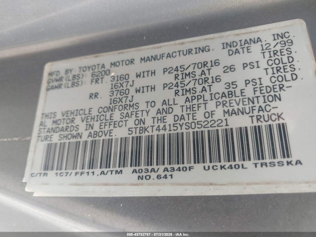 2000 Toyota Tundra Sr5 V8 მანქანა იყიდება აუქციონზე, vin: 5TBKT4415YS052221, აუქციონის ნომერი: 45752787
