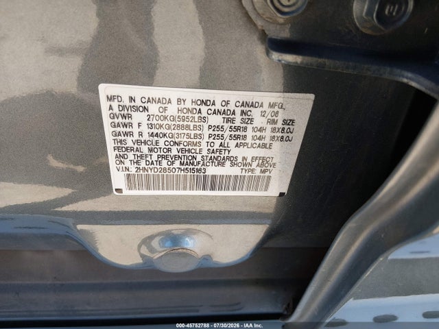 45752788 :رقم المزاد ، 2HNYD28507H515163 vin ، 2007 Acura Mdx Sport Package مزاد بيع