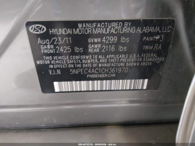 2012 Hyundai Sonata Se მანქანა იყიდება აუქციონზე, vin: 5NPEC4AC1CH361970, აუქციონის ნომერი: 45752792