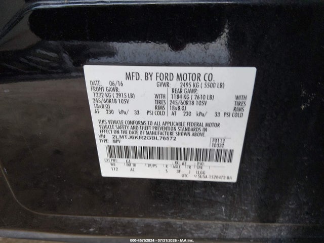 Aukcja sprzedaży 2016 Lincoln Mkx Select, vin: 2LMTJ6KR2GBL76572, numer aukcji: 45752824