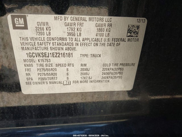 Aukcja sprzedaży 2014 Chevrolet Silverado 1500 Ltz, vin: 1GCVKSEJ1EZ216181, numer aukcji: 45752830
