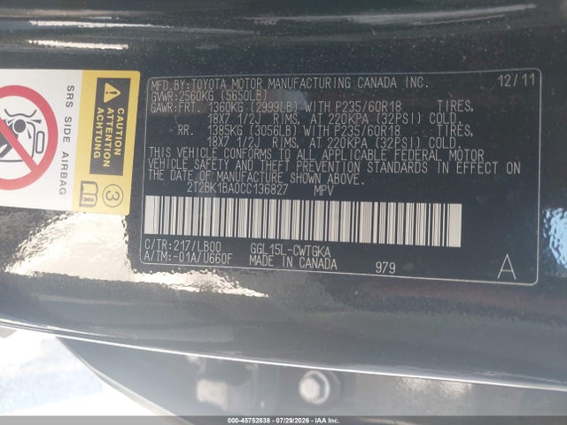 Продажа на аукционе авто 2012 Lexus Rx 350, vin: 2T2BK1BA0CC136827, номер лота: 45752838