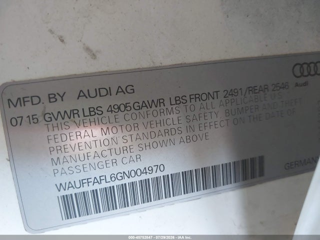 45752847 :رقم المزاد ، WAUFFAFL6GN004970 vin ، 2016 Audi A4 2.0t Premium مزاد بيع