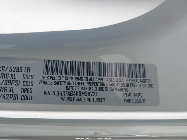 45752856 :رقم المزاد ، ZFBHRFAB4K6M38731 vin ، 2019 Ram Promaster City Tradesman مزاد بيع