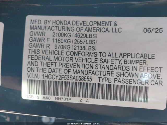 Aukcja sprzedaży 2025 Honda Accord Hybrid Sport, vin: 1HGCY2F53SA058655, numer aukcji: 45752864