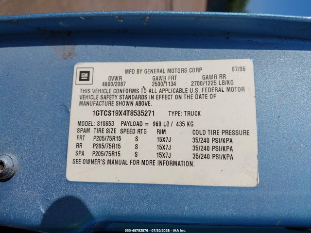 1996 Gmc Sonoma მანქანა იყიდება აუქციონზე, vin: 1GTCS19X4T8535271, აუქციონის ნომერი: 45752876