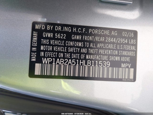 Aukcja sprzedaży 2017 Porsche Macan S, vin: WP1AB2A51HLB11539, numer aukcji: 45752885