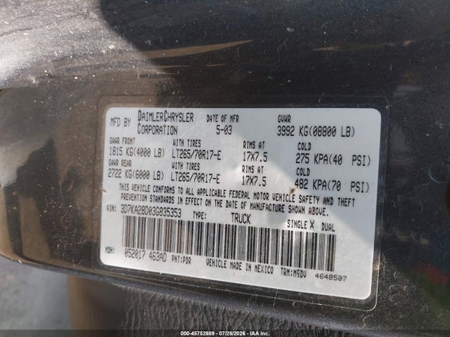 45752889 :رقم المزاد ، 3D7KA28D03G835353 vin ، 2003 Dodge Ram 2500 Slt/laramie/st مزاد بيع