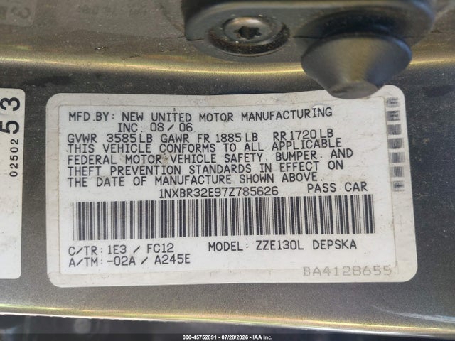 Auction sale of the 2007 Toyota Corolla S, vin: 1NXBR32E97Z785626, lot number: 45752891