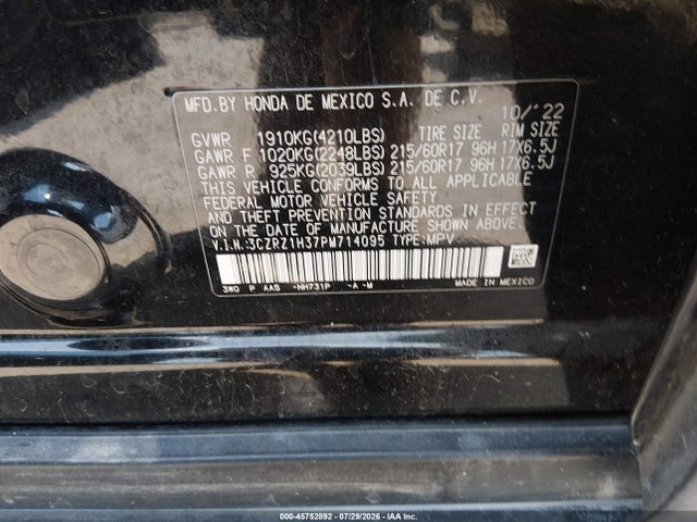 45752892 :رقم المزاد ، 3CZRZ1H37PM714095 vin ، 2023 Honda Hr-v 2wd Lx مزاد بيع
