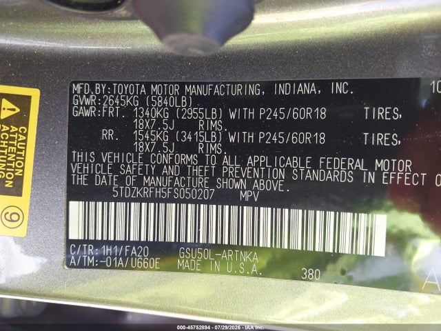Toyota Highlander Le Plus V6 2015 5TDZKRFH5FS050207 Image 9