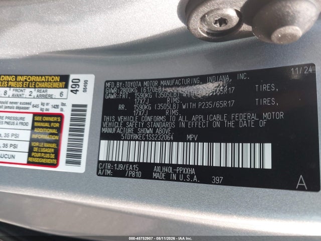 Продаж на аукціоні авто 2025 Toyota Sienna Xle, vin: 5TDYRKEC1SS232064, номер лоту: 45752907