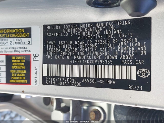 45752913 :رقم المزاد ، 4T4BF1FKXDR295355 vin ، 2013 Toyota Camry Le مزاد بيع