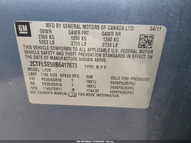 Aukcja sprzedaży 2011 Gmc Terrain Sle-2, vin: 2CTFLSE58B6417673, numer aukcji: 45752942