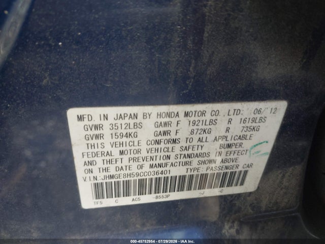 Aukcja sprzedaży 2012 Honda Fit Sport, vin: JHMGE8H59CC036401, numer aukcji: 45752954